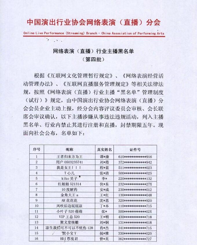 網絡直播行業第四批主播黑名單，玀鹿鹿等42名主播被封禁5年